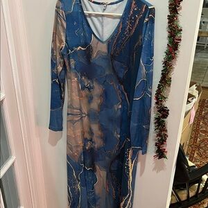 Elegant Blue Marble Print Dress